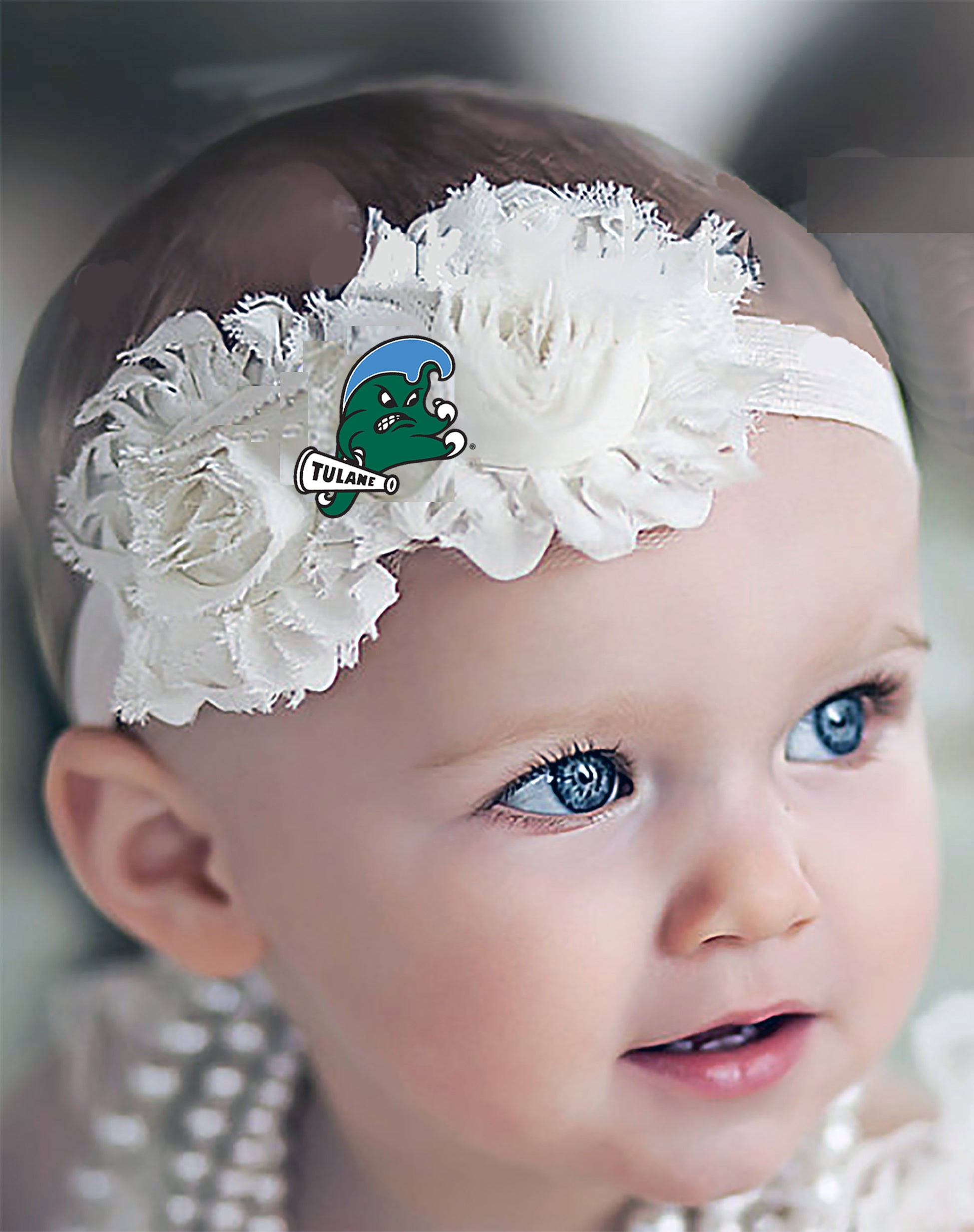 Tulane Green Wave Baby/Toddler Shabby Flower Hair Bow Headband