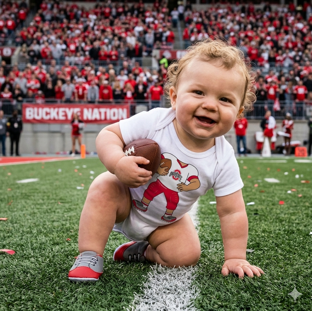 Ohio State Buckeyes Heads Up! Football Player Baby Bodysuit
