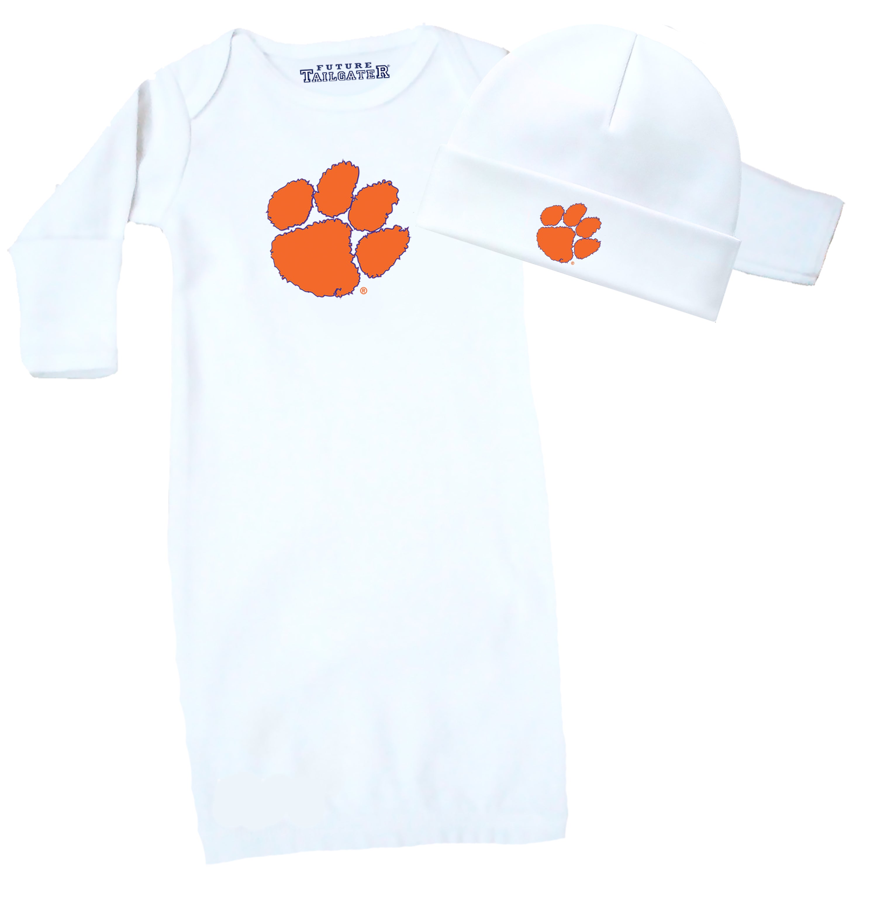 Clemson Tigers LOGO Baby Layette Gown and Cap Set - White