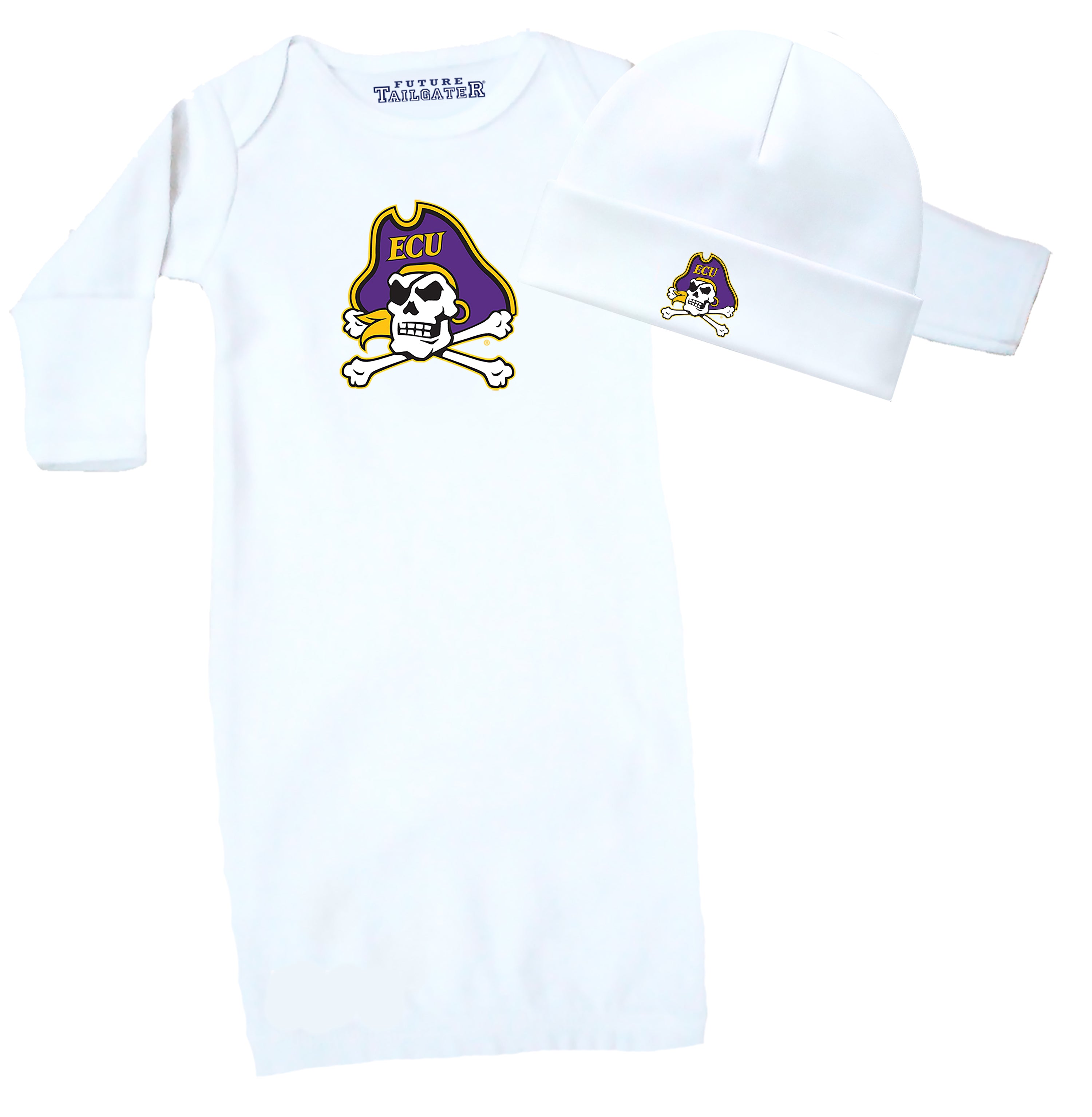 ECU Pirates LOGO Baby Layette Gown and Cap Set - White