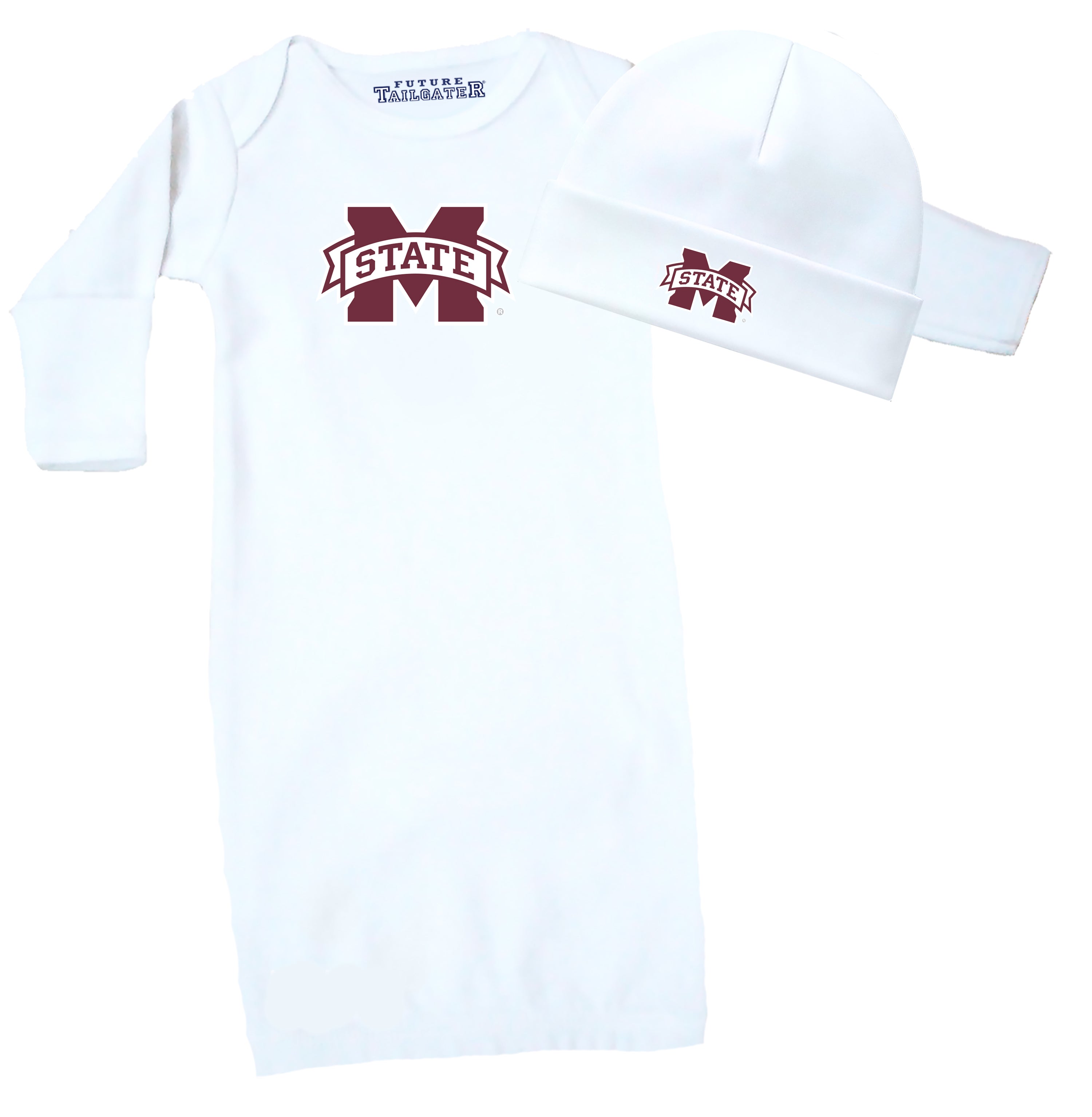 Mississippi State Bulldogs LOGO Baby Layette Gown and Cap Set - White
