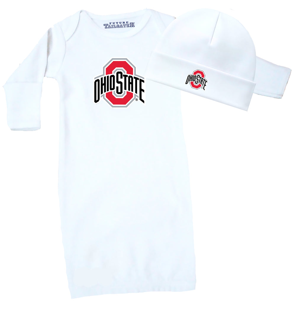 Ohio State Buckeyes LOGO Baby Layette Gown and Cap Set - White