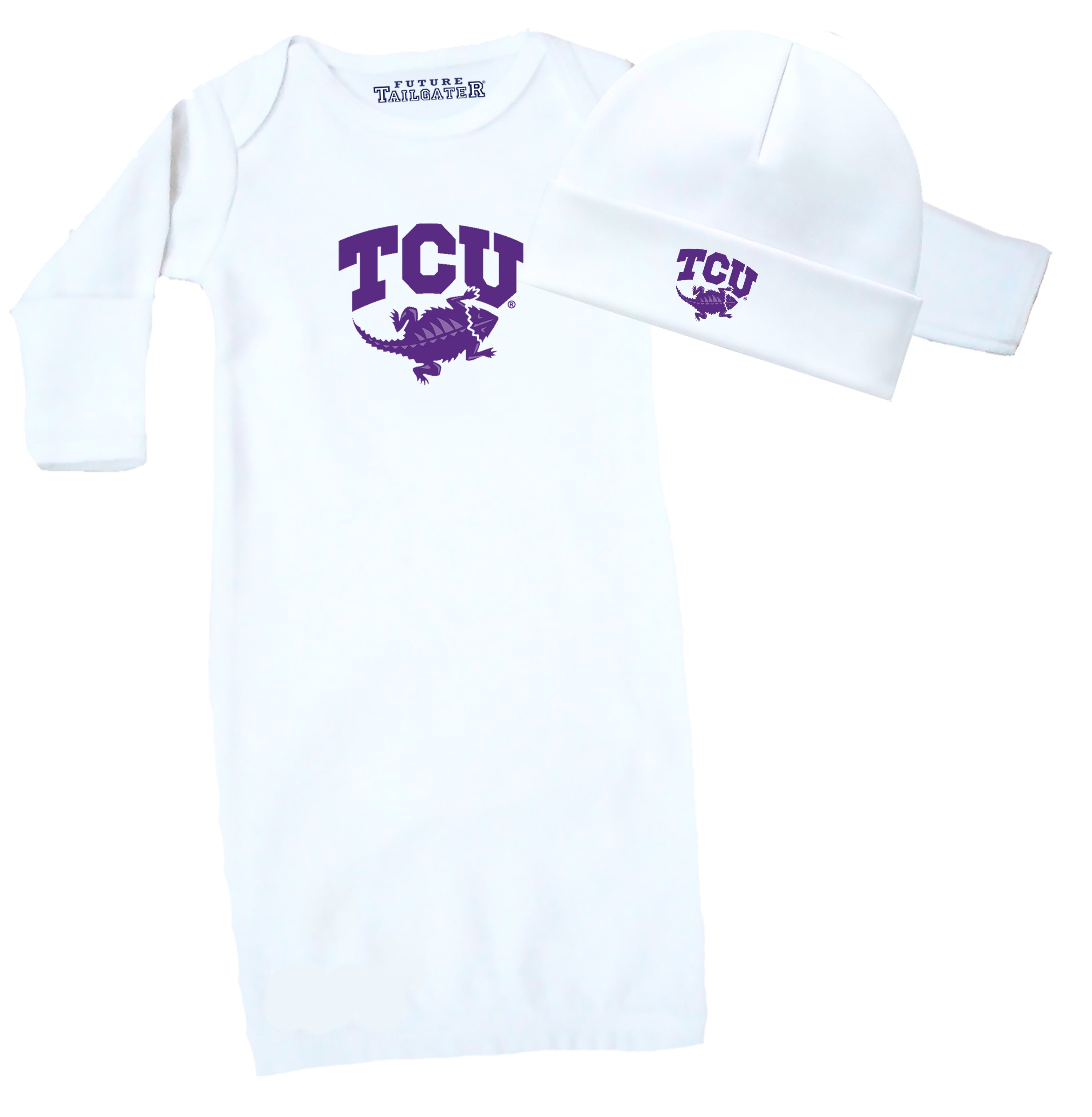TCU Horned Frogs LOGO Baby Layette Gown and Cap Set - White