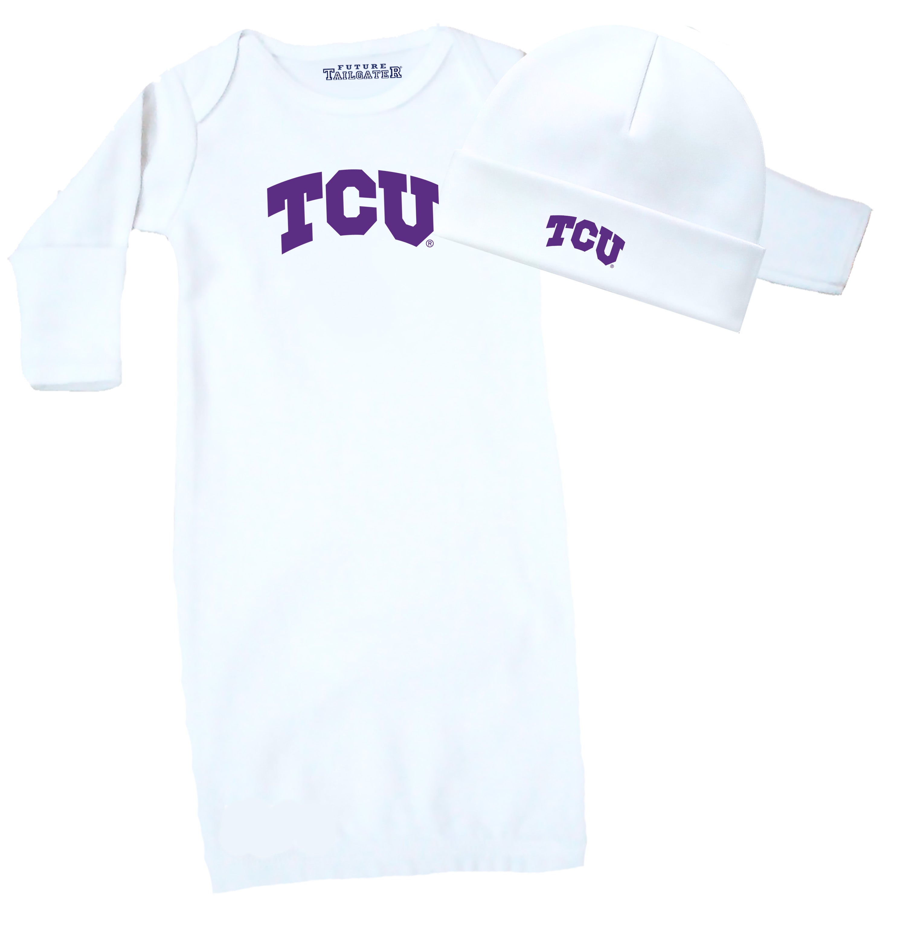 TCU Horned Frogs LOGO Baby Layette Gown and Cap Set - White