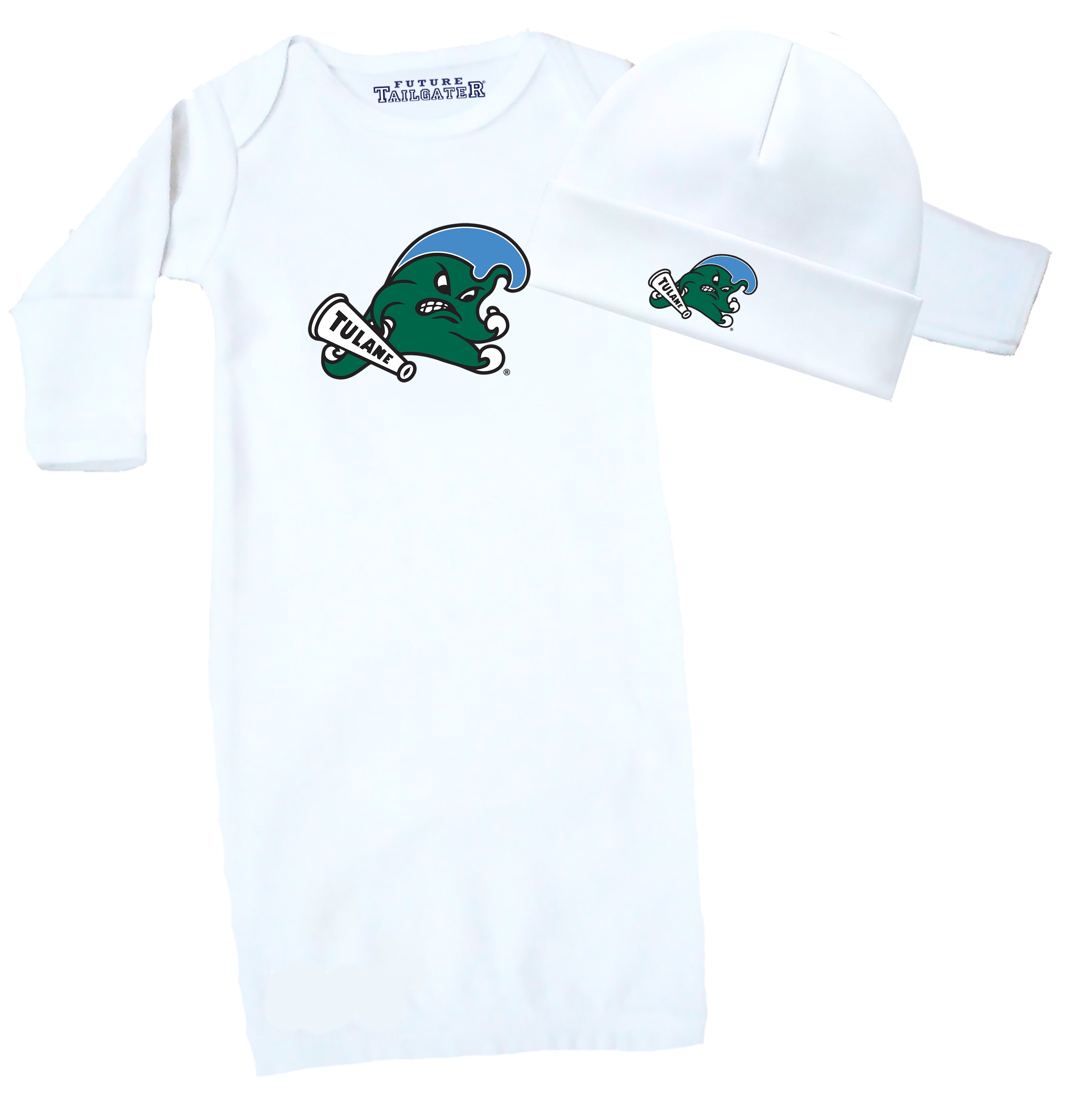 Tulane Green Wave LOGO Baby Layette Gown and Cap Set - White
