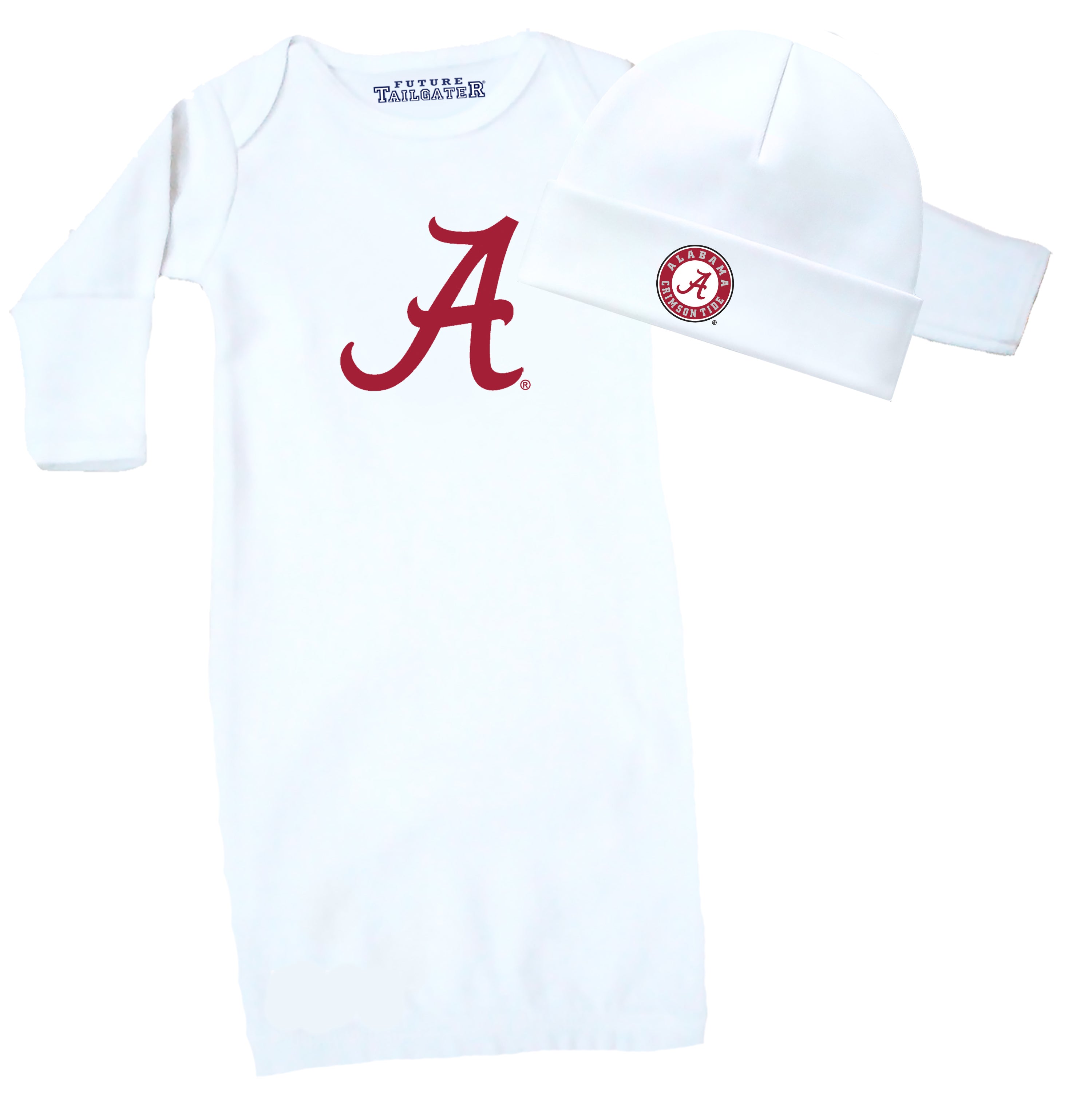 Alabama Crimson Tide LOGO Baby Layette Gown and Cap Set - White
