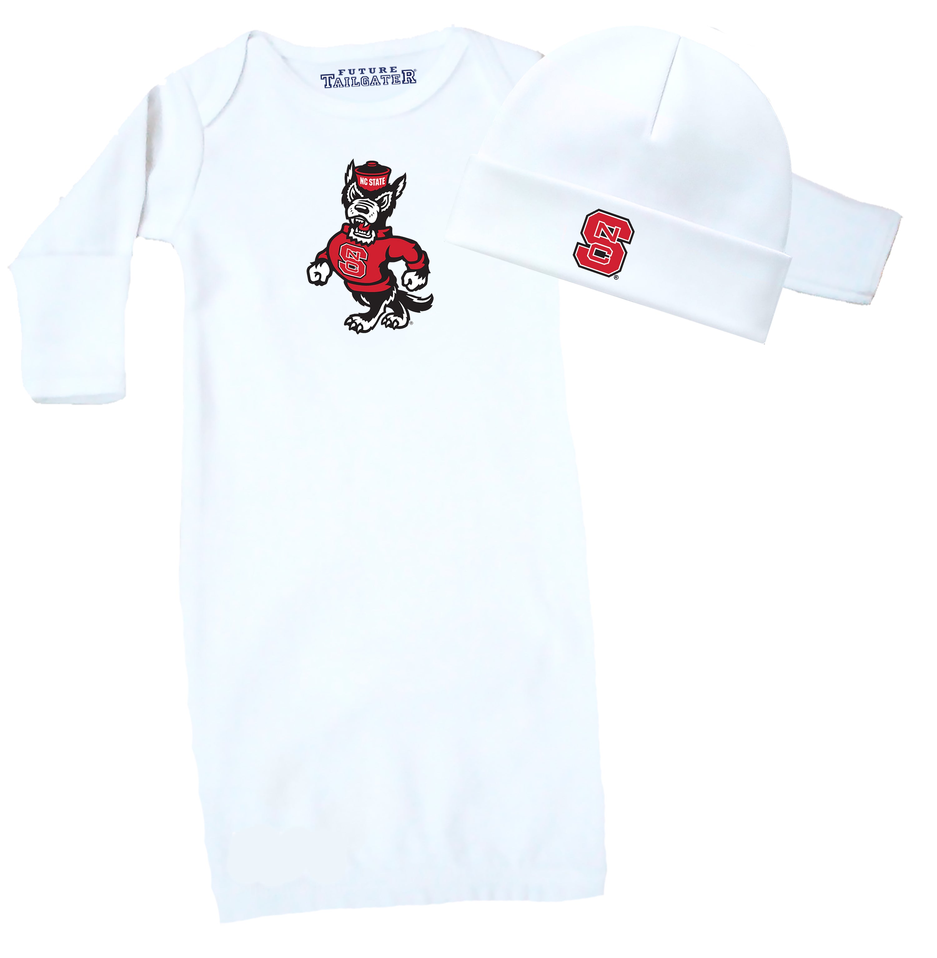 NC State Wolfpack LOGO Baby Layette Gown and Cap Set - White